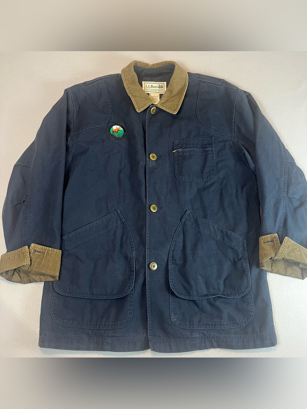 LL Bean Vintage Barn Jacket Large Navy Blue Canvas Plaid Lined Corduroy Gorpcore